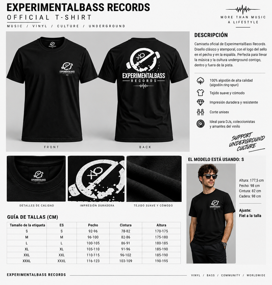 Ficha de la camiseta oficial ExperimentalBass Records con guía de tallas