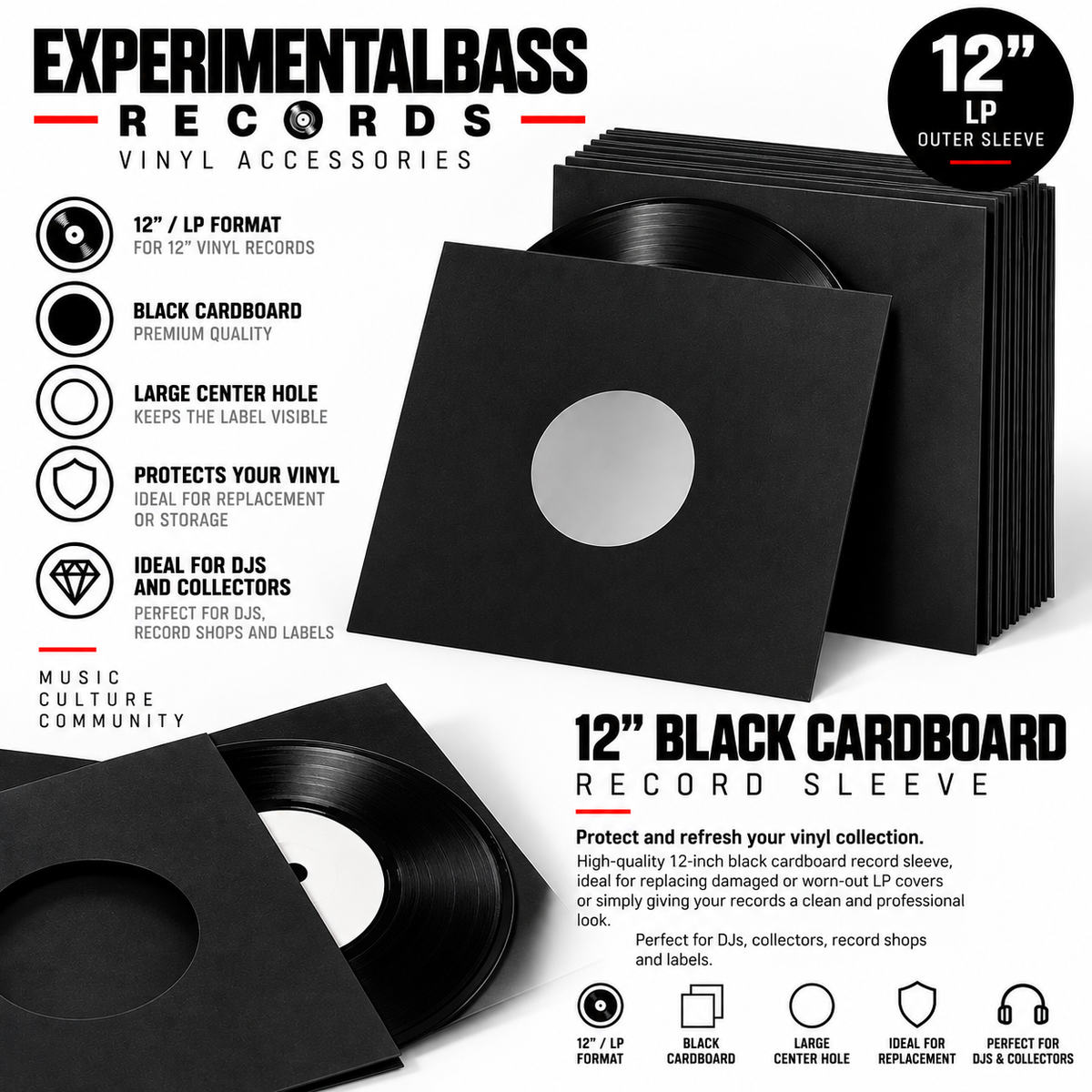 ExperimentalBass Records 12-inch black cardboard LP outer sleeves with center hole