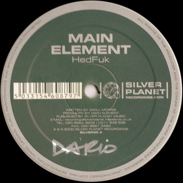 Main Element HedFuk, Silver Planet Recordings SILVER30, side A label