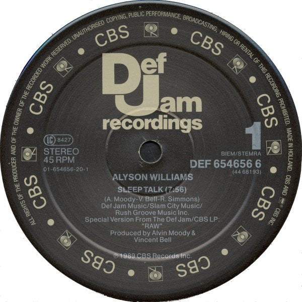 Alyson Williams – Sleep Talk, Side B label, Def Jam DEF 654656 6