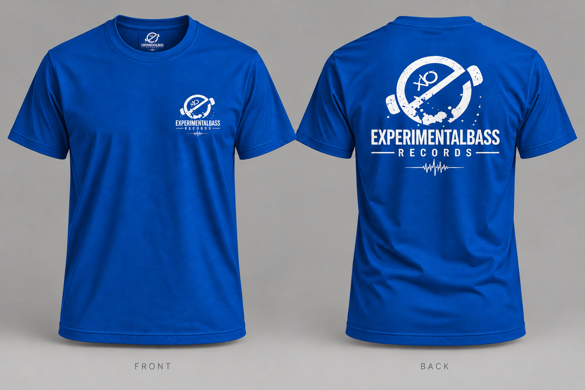 Camiseta oficial ExperimentalBass Records azul, delantera y trasera