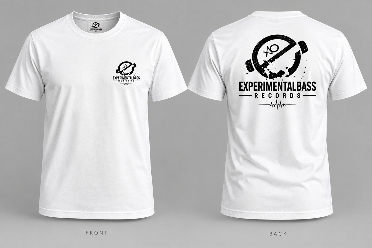 Camiseta oficial ExperimentalBass Records blanca, delantera y trasera