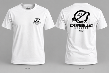 Camiseta oficial ExperimentalBass Records blanca, delantera y trasera