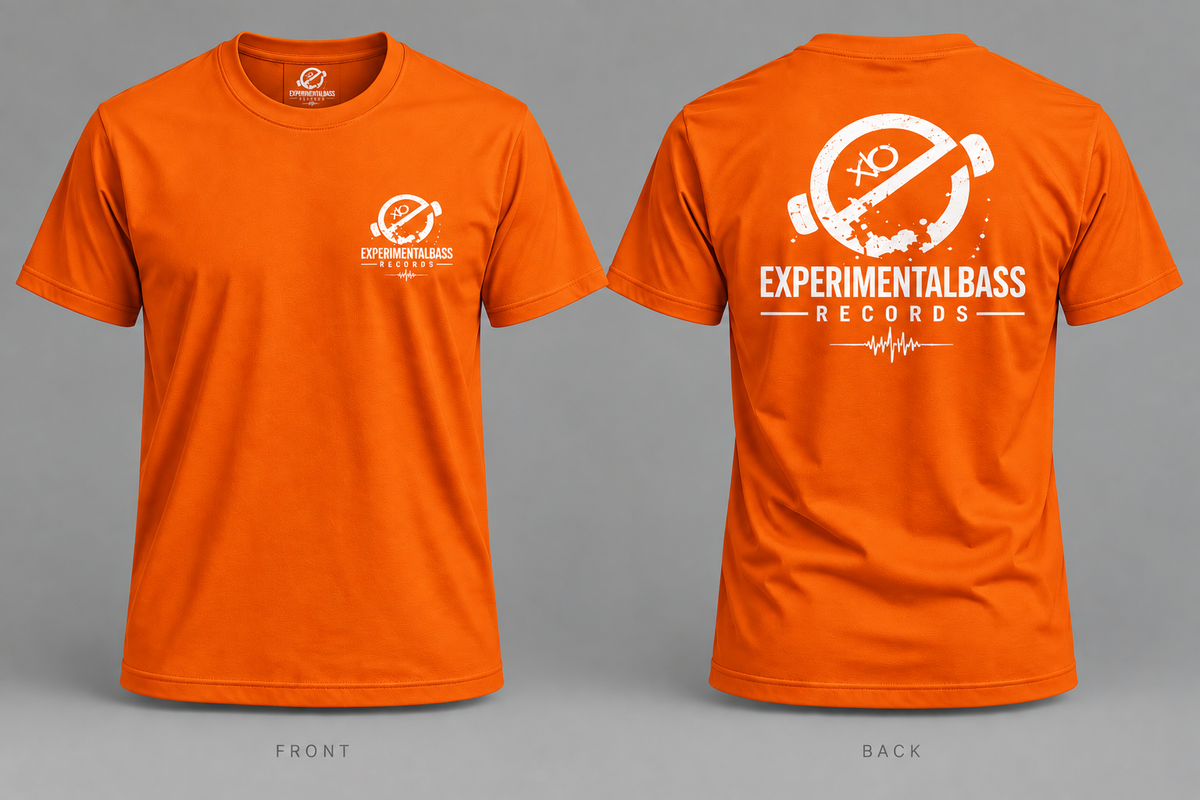 Camiseta oficial ExperimentalBass Records naranja, delantera y trasera