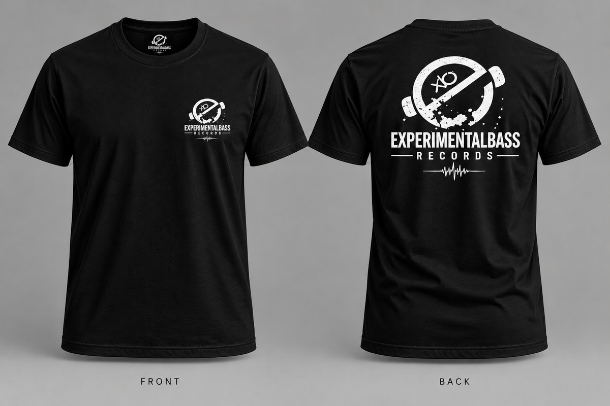 Camiseta oficial ExperimentalBass Records negra, delantera y trasera