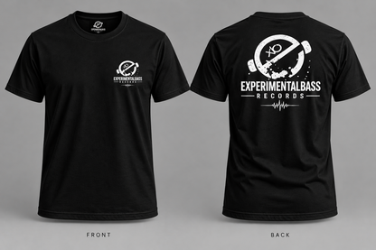 Camiseta oficial ExperimentalBass Records negra, delantera y trasera