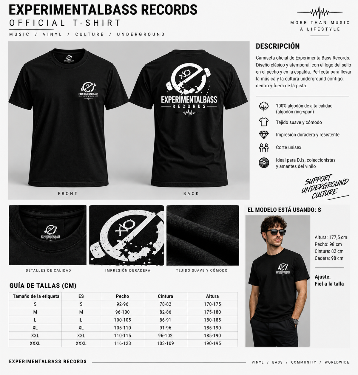 Ficha de la camiseta oficial ExperimentalBass Records con guía de tallas