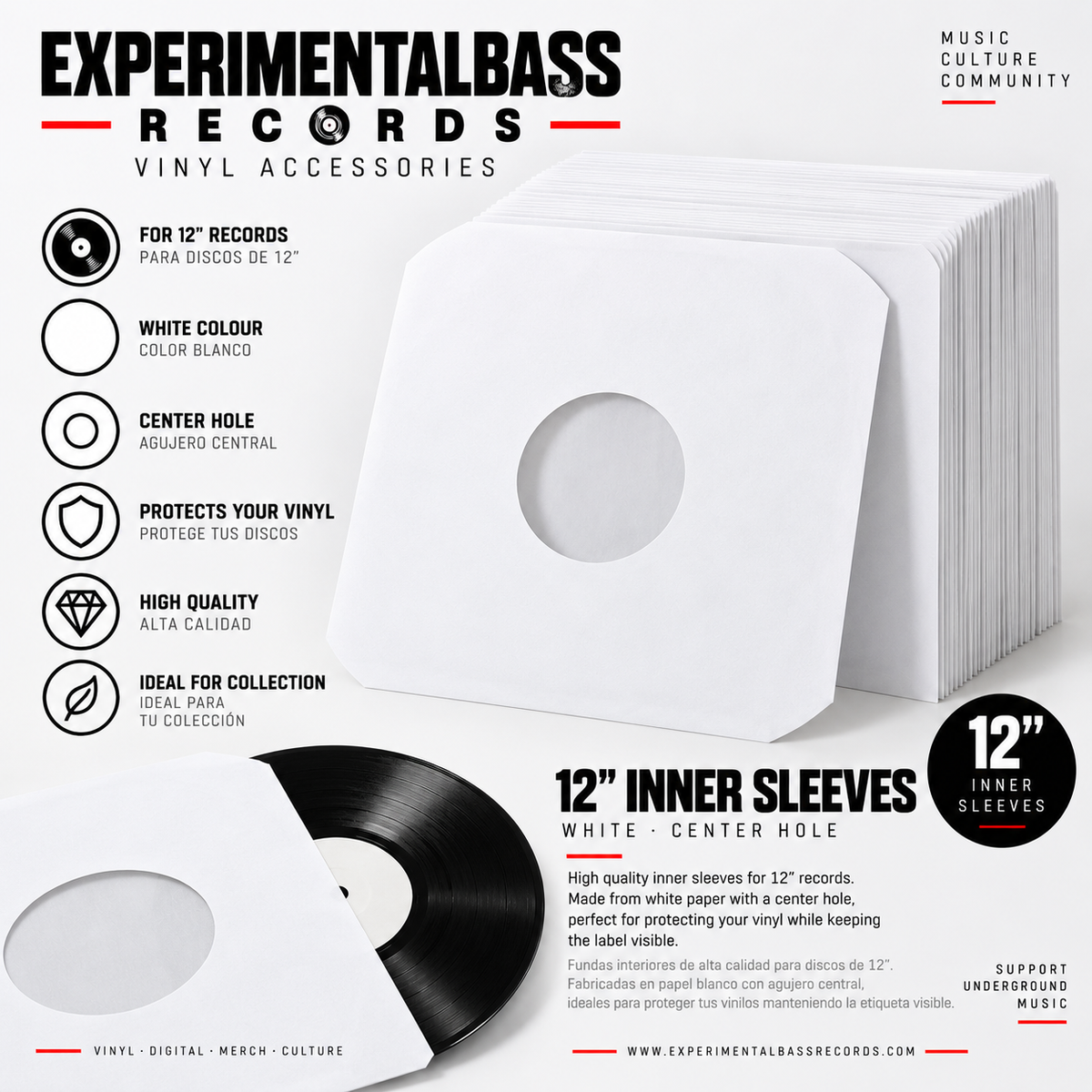 Fundas interiores blancas para vinilos de 12 pulgadas con agujero central