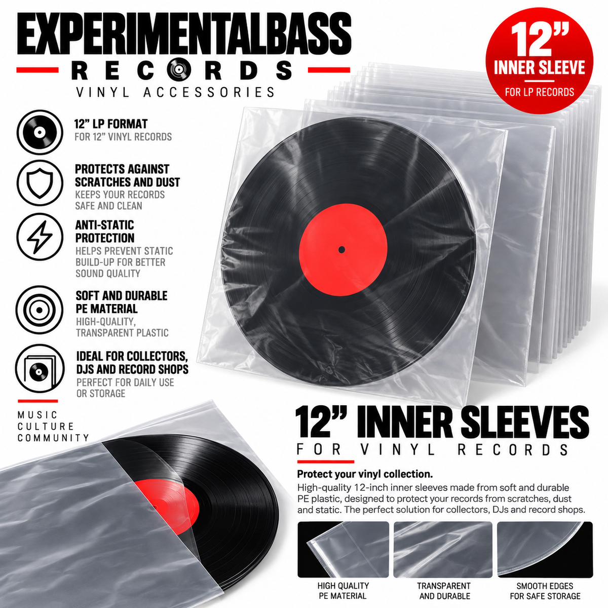 Fundas interiores translúcidas de PE para discos de vinilo de 12 pulgadas