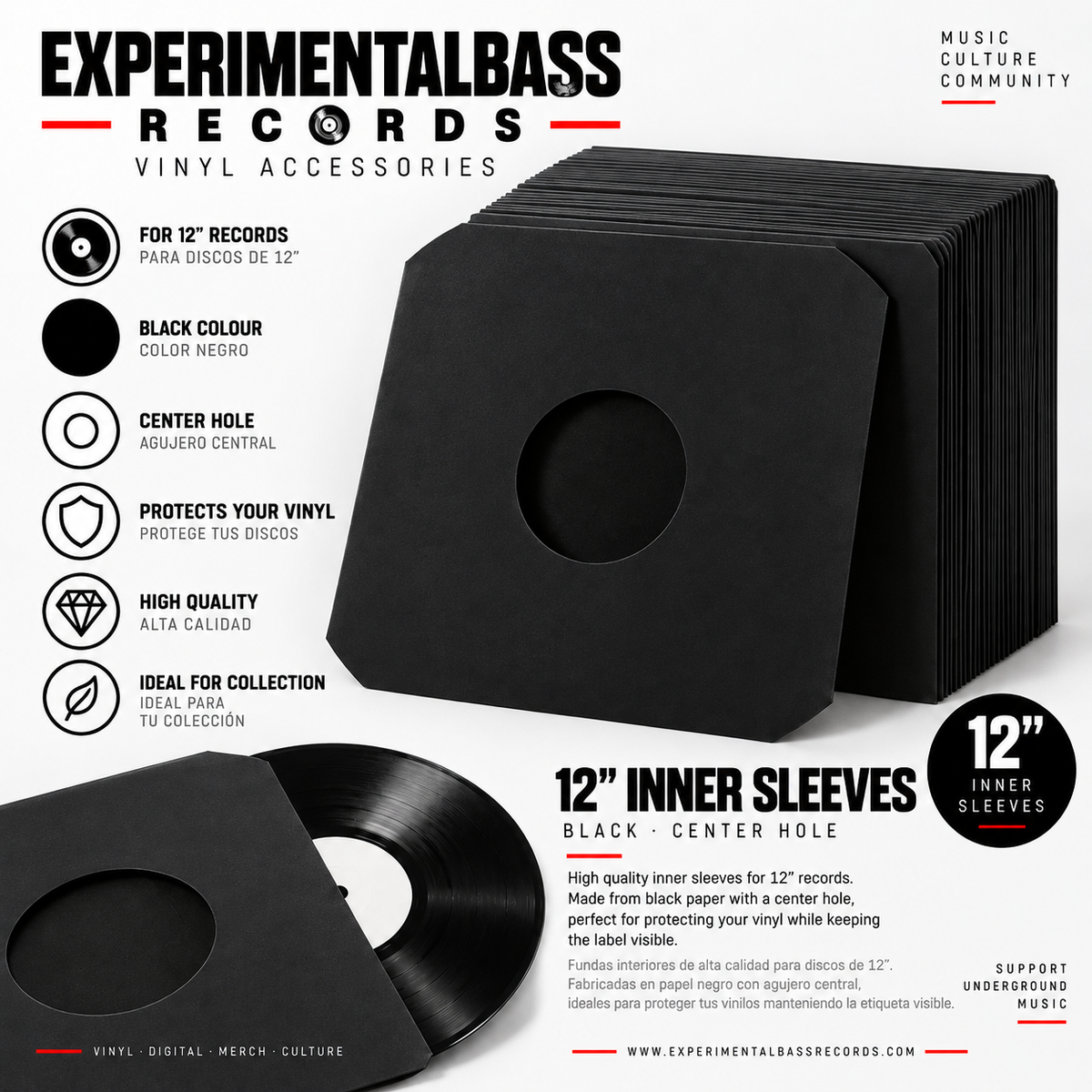 Fundas interiores de papel negro para vinilos de 12 pulgadas con abertura central, ExperimentalBass Records