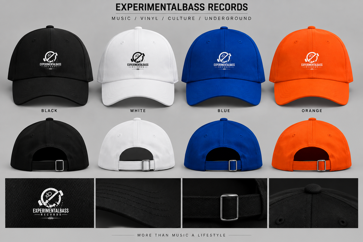 Gorras oficiales ExperimentalBass Records en negro, blanco, azul y naranja