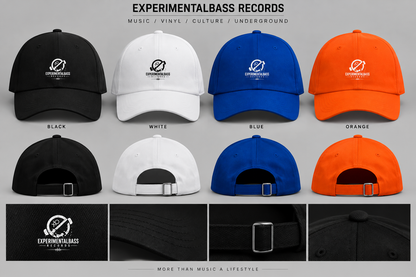 Gorras oficiales ExperimentalBass Records en negro, blanco, azul y naranja