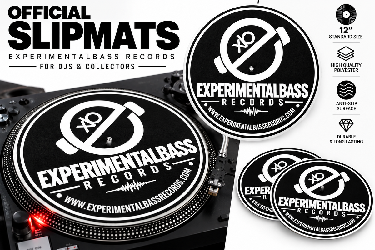 Black slipmat with white ExperimentalBass Records logo, 12-inch DJ turntable mat