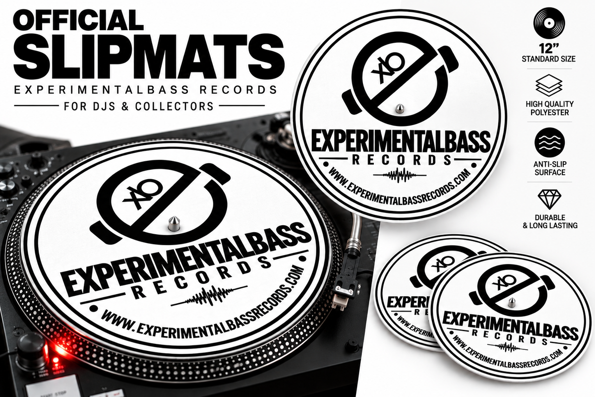 White Official ExperimentalBass Records slipmat with black logo, 12-inch DJ turntable mat