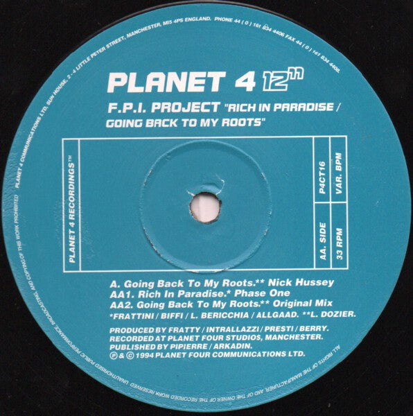 F.P.I. Project – Rich In Paradise, Side AA label with tracklist, Planet Four P4CT16