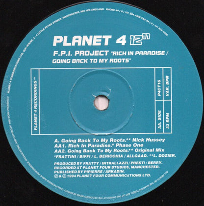 F.P.I. Project – Rich In Paradise, Side AA label with tracklist, Planet Four P4CT16