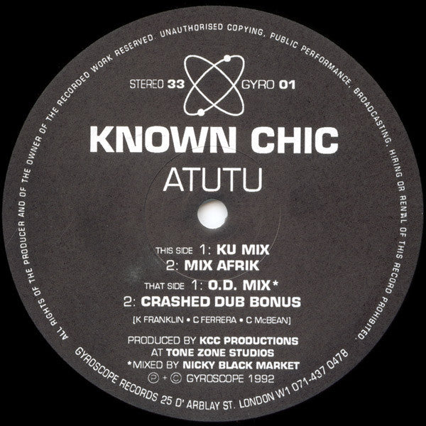 Known Chic – Atutu, Side A label, Gyroscope Records GYRO 01