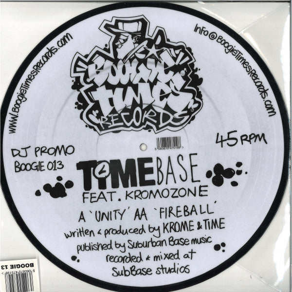 Timebase - Unity / Fireball picture disc on a turntable, Boogie Times logo side