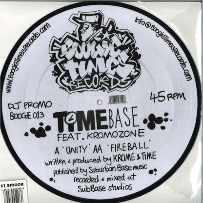 Timebase - Unity / Fireball picture disc on a turntable, Boogie Times logo side