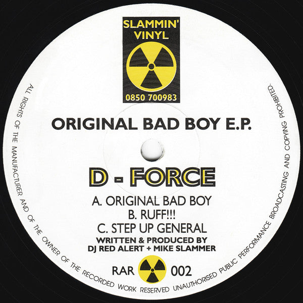 D-Force - Original Bad Boy E.P., etiqueta con lista de temas y referencia RAR 002