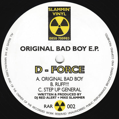 D-Force - Original Bad Boy E.P., etiqueta con lista de temas y referencia RAR 002
