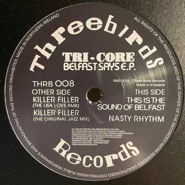 Tri-Core Belfast Says E.P. vinyl label with track titles