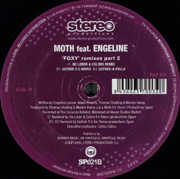 Moth feat. Engeline Foxy Remixes Part 2 SP021B vinyl label with tracklist