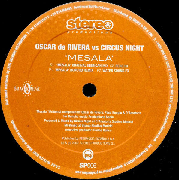 Oscar de Rivera vs Circus Night – Mesala, Stereo Productions SP006 label with tracklist