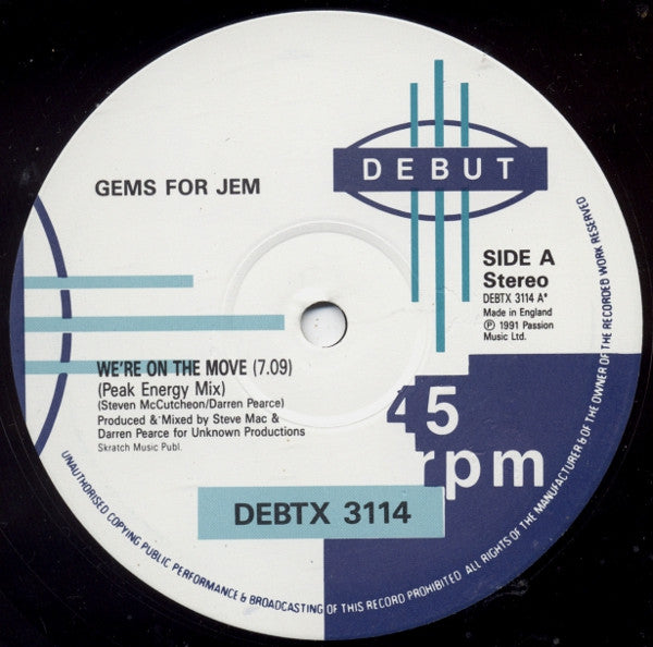 Gems For Jem – We're On The Move, Side A label (Peak Energy Mix), Debut DEBTX 3114