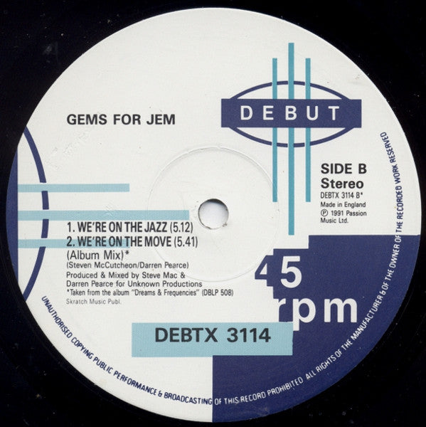 Gems For Jem – We're On The Move, Side B label (We're On The Jazz / Album Mix), Debut DEBTX 3114