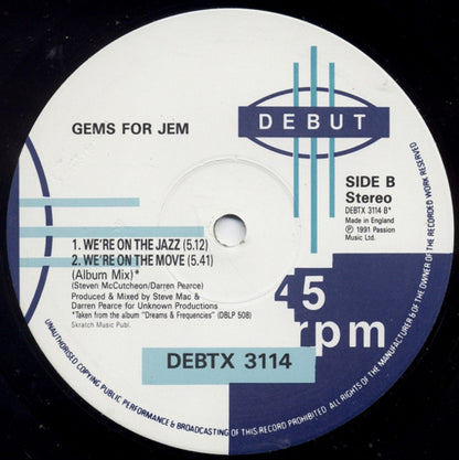 Gems For Jem – We're On The Move, Side B label (We're On The Jazz / Album Mix), Debut DEBTX 3114