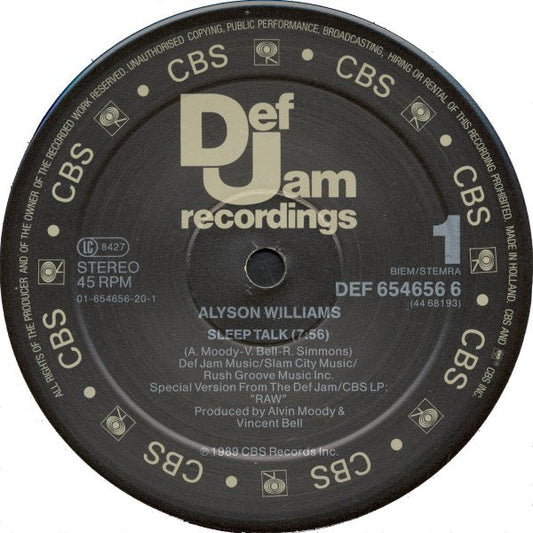 Alyson Williams – Sleep Talk, Side B label, Def Jam DEF 654656 6