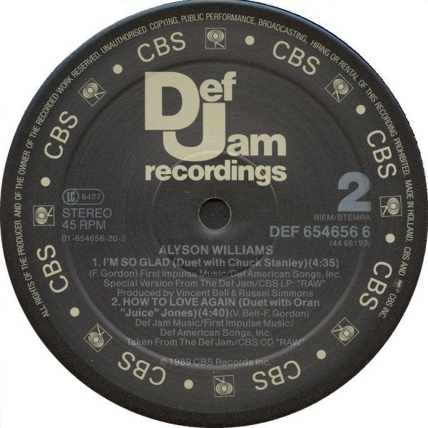 Alyson Williams – Sleep Talk, Side A label, Def Jam DEF 654656 6